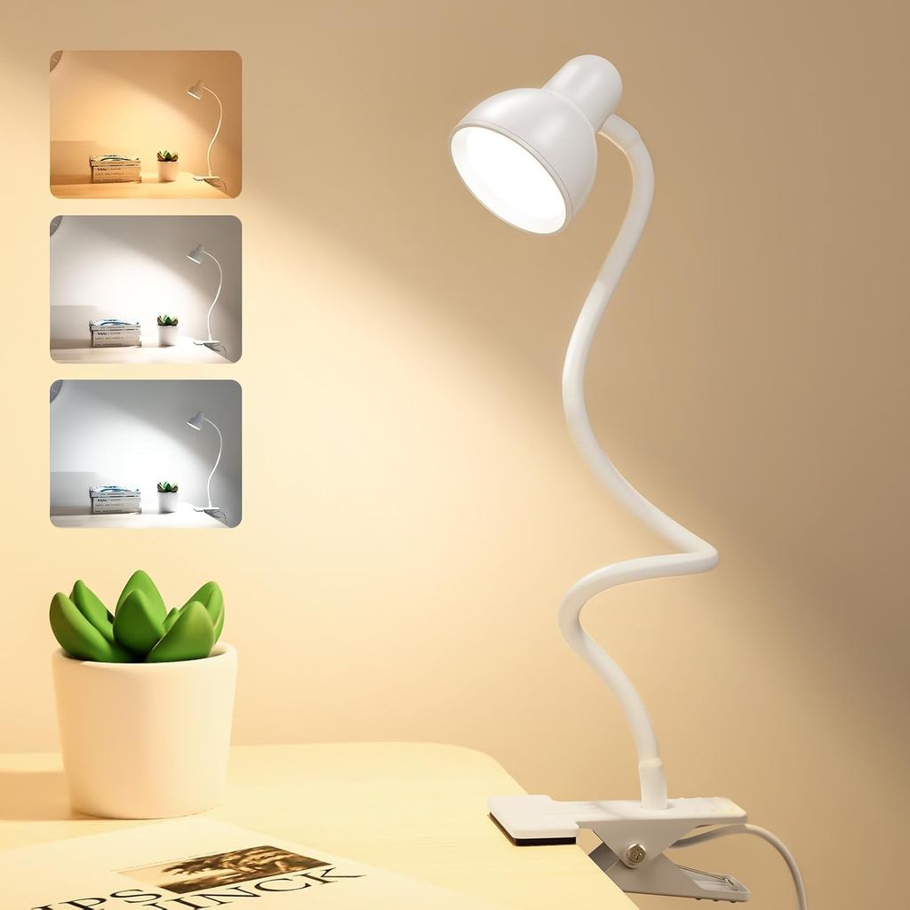 Clip on Lamp USB Reading Light, 3 Color Modes, 10 Brightness Dimmable, 360° Flexible Desk Lamp with Clamp, Eye Care Clip