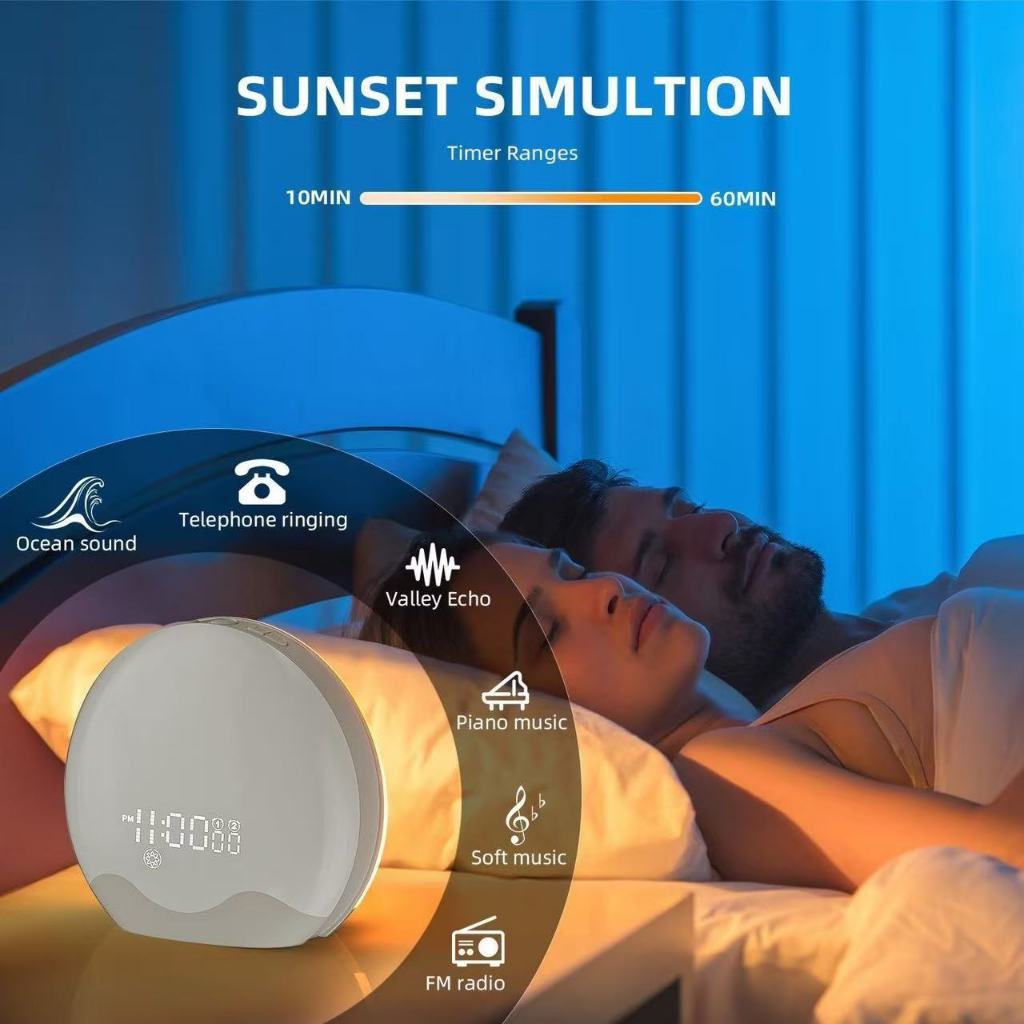 REACHER Wood Grain Sunrise Alarm Clock and Sound Machine Nightlight, Digital Dimmable Clock for Bedroom, 26 Sleep Sounds