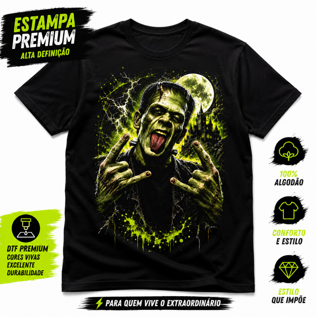 Camiseta Frankenstein Rock Horror Vintage | Estampa DTF Premium Alta Definição | 100% Algodão