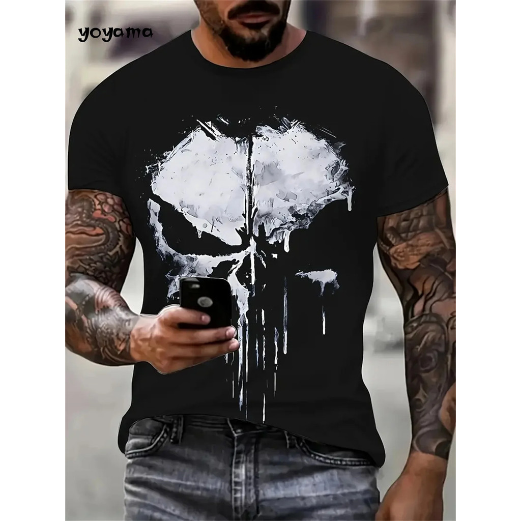 Camiseta Masculina Vintage 3D Horror Crânio Impressão Manga Curta Confortável Em Torno Do Pescoço Topo Verão Roupas Casu