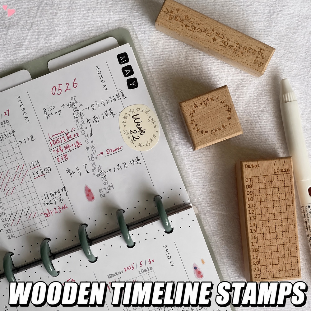 Vintage Madeira Maciça Diário Selo Linha De Tempo Sono Registro Estrela Grinalda DIY Bala Planejador Scrapbooking Folhas