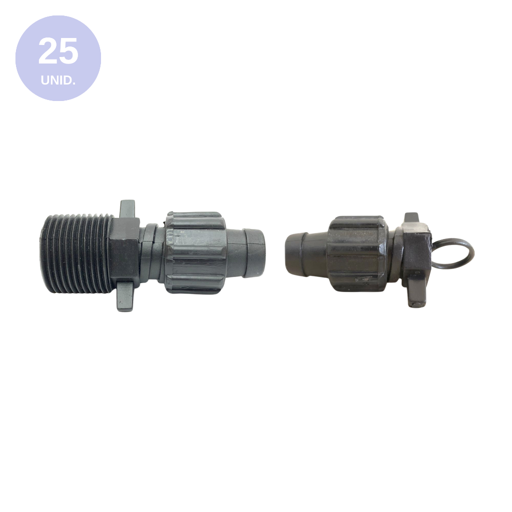 Kit 25 unid Conector Inicial Rosca 3/4'' + Final de linha 16mm Trava Porca Irrigação Fita Gotejadora