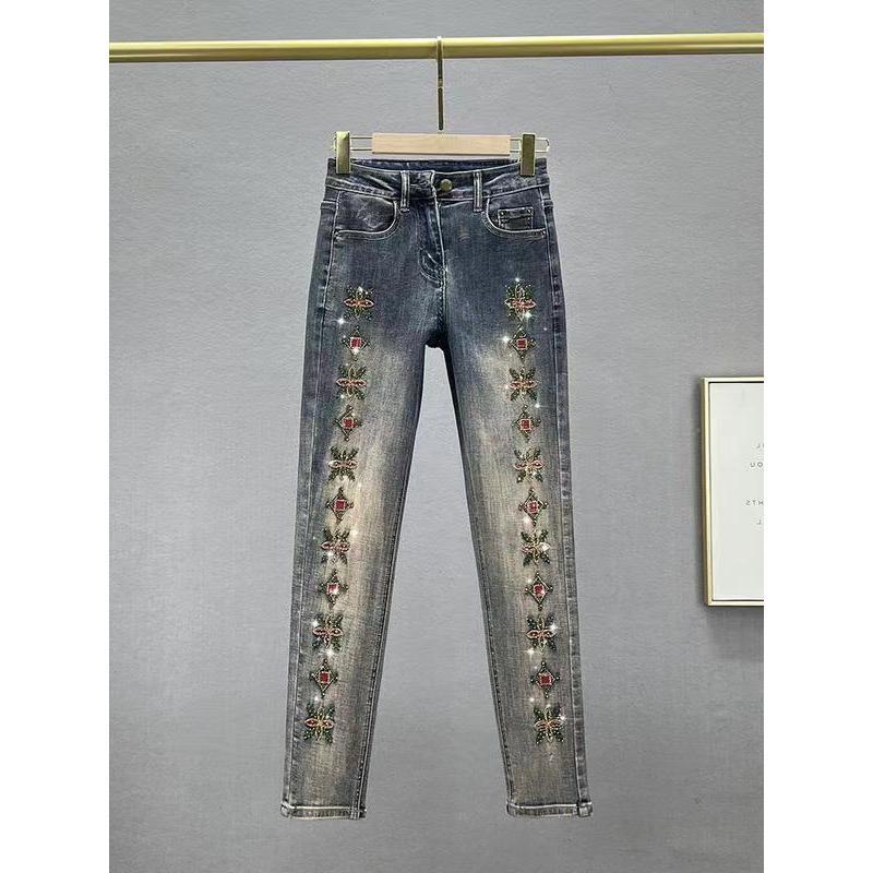 Embroidered denim skinny jeans for women, 2024 new style, stretchy embroidered high-waisted slim-fit pencil pants for wo