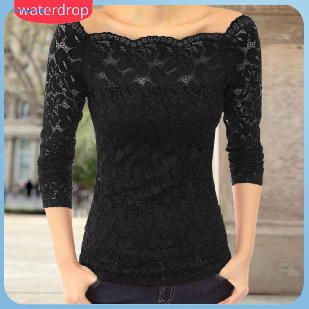 Women’s Slim Fit Lace Blouse Long Sleeve Hollow Embroidered Floral Tops with Skew Collar Elegant Solid Color Shirt for