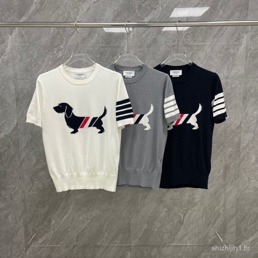 GFSL Short sleeves T Red, white, and blue puppy embroidered knit shirt with four stripes, slim fit casual summer t-shirt