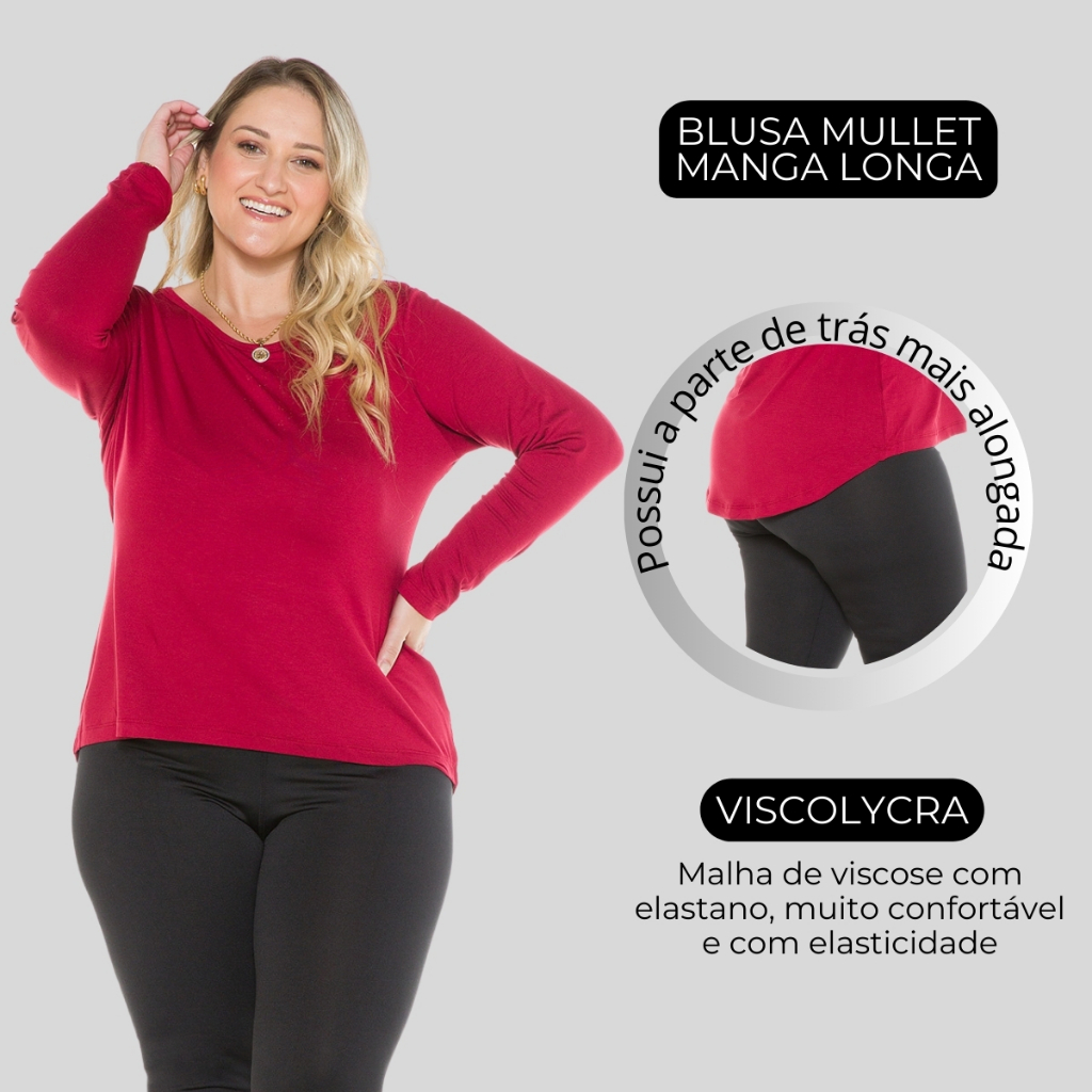 Blusa Gola Redonda Manga Longa Feminina Plus Size Mullet Alongada 1136-DROP