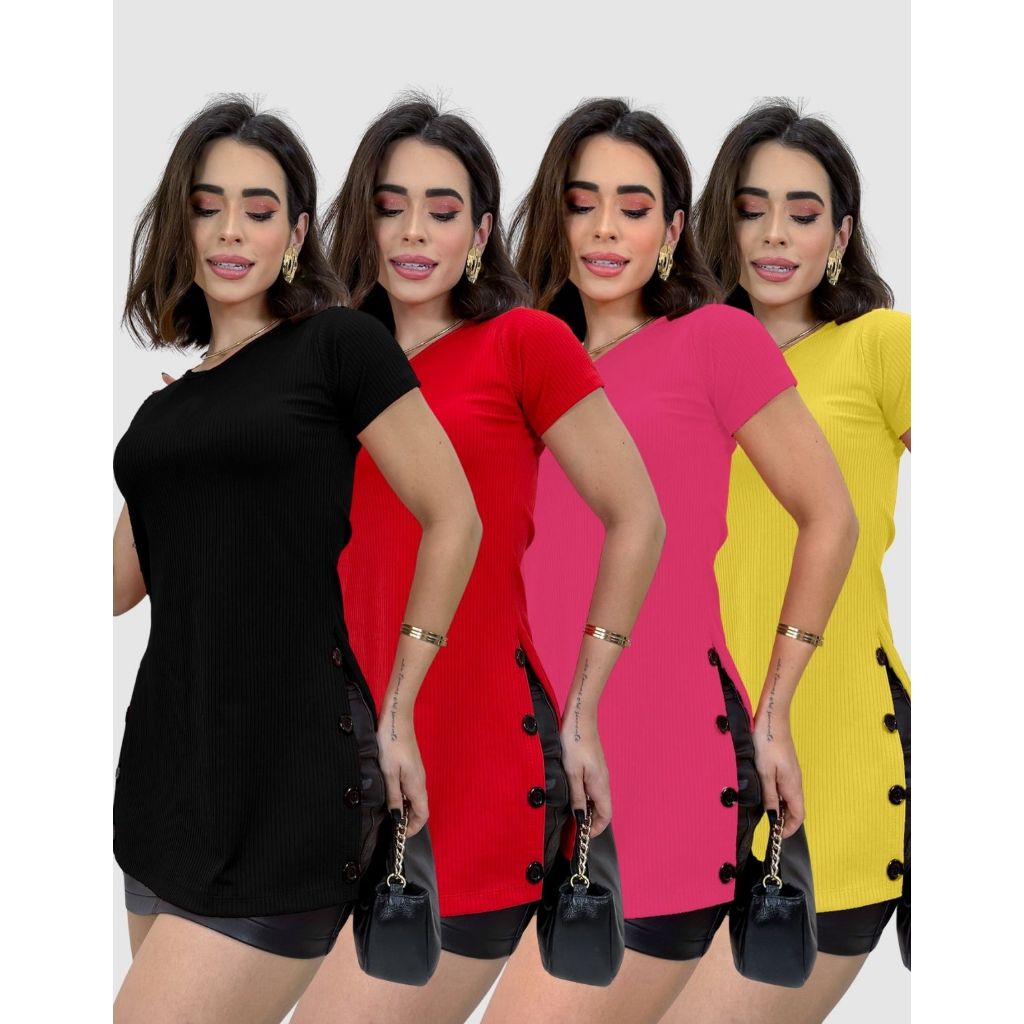 Kit 4 Blusa Feminina Canelada Manga Curta Alongada Mullet Botões Revenda