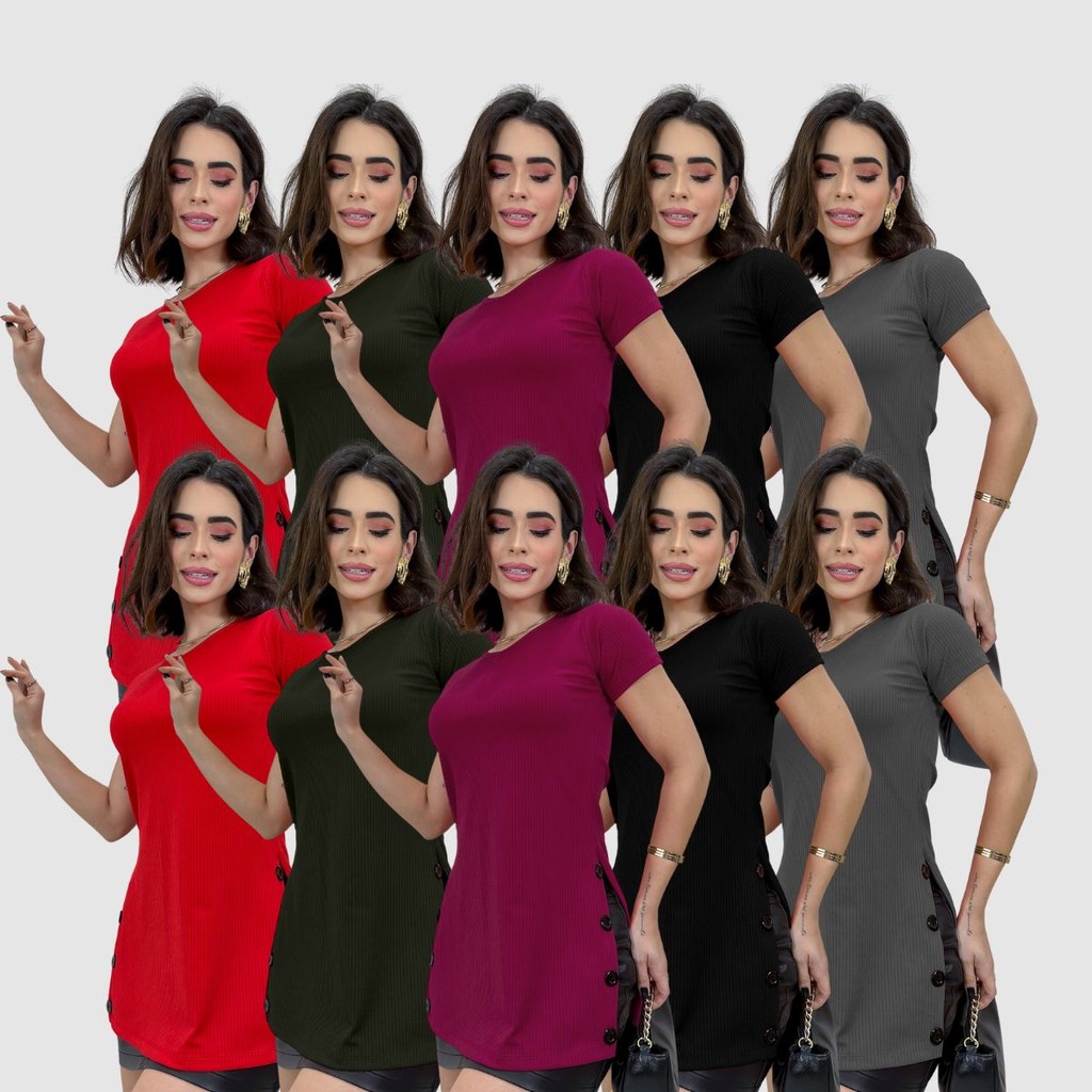 Kit 10 Blusa Mullet Feminina Alongada Com Botões Canelado Estilo Casual