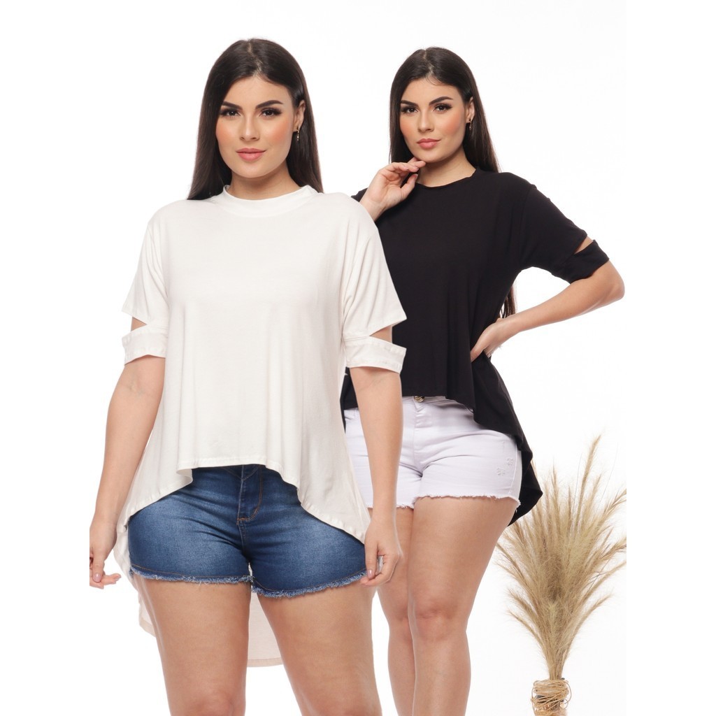 KIT 2 Blusas Feminina Casual Mullet Paris Alongada Atras Detalhe Recorte Manga Curta Elegante Básica Confortável