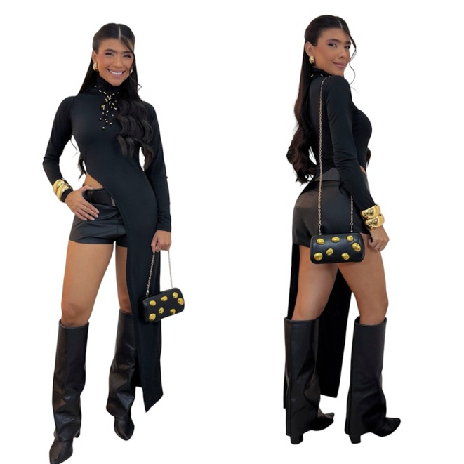 Blusa Mullet Sofisticada Alongada com Calda Feminina Assimétrica Manga Longa Fashion Tendência Estilosa Gola Alta