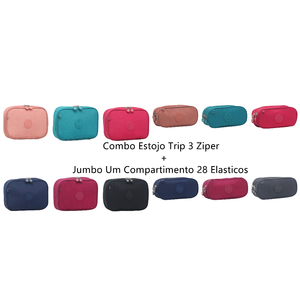 Combo Estojo Trip 3 Ziper + Jumbo Um Compartimento 28 Elasticos Uso Geral No Escola Faculdade Ou Maquiagens