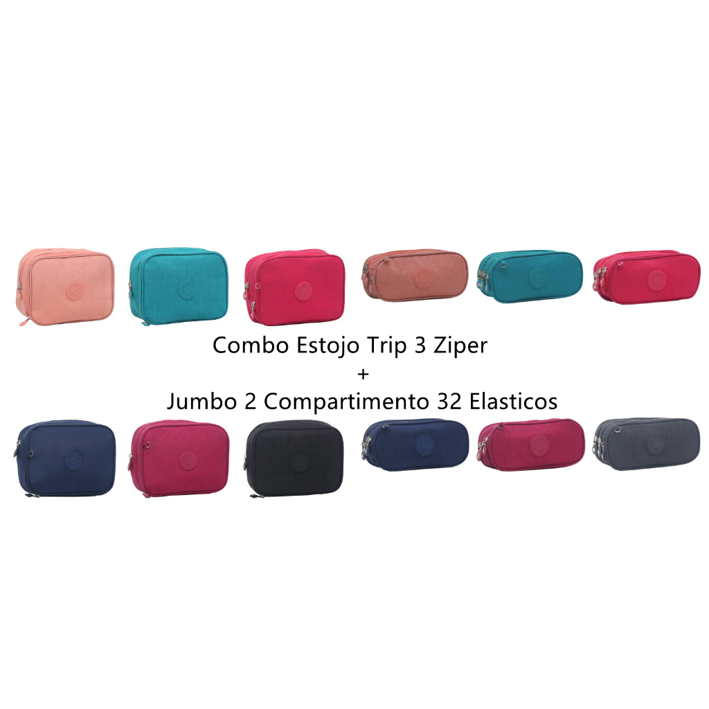 Combo Estojo Trip 3 Ziper + Jumbo 2 Compartimento 32 Elasticos Uso Geral No Escola Faculdade Ou Maquiagens