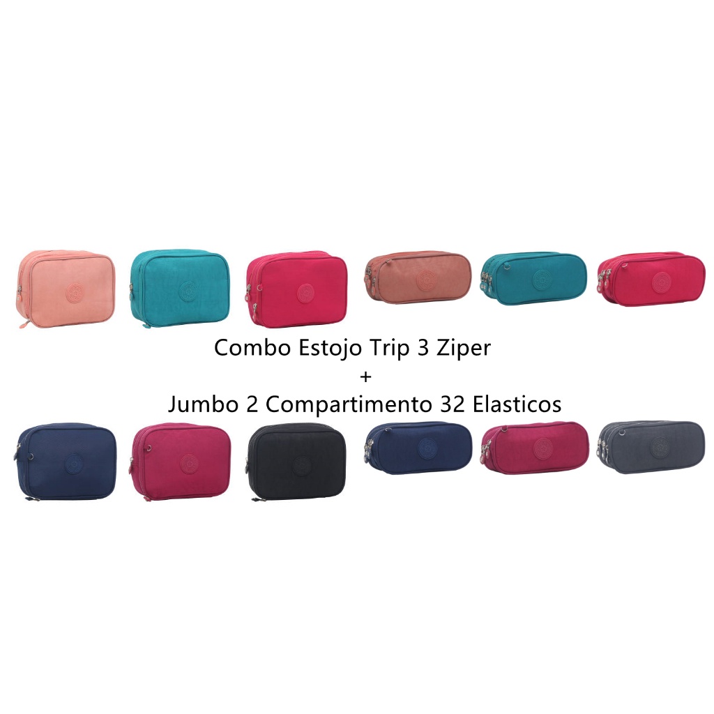 Combo Estojo Trip 3 Ziper + Jumbo 2 Compartimento 32 Elasticos Uso Geral No Escola Faculdade Ou Maquiagens