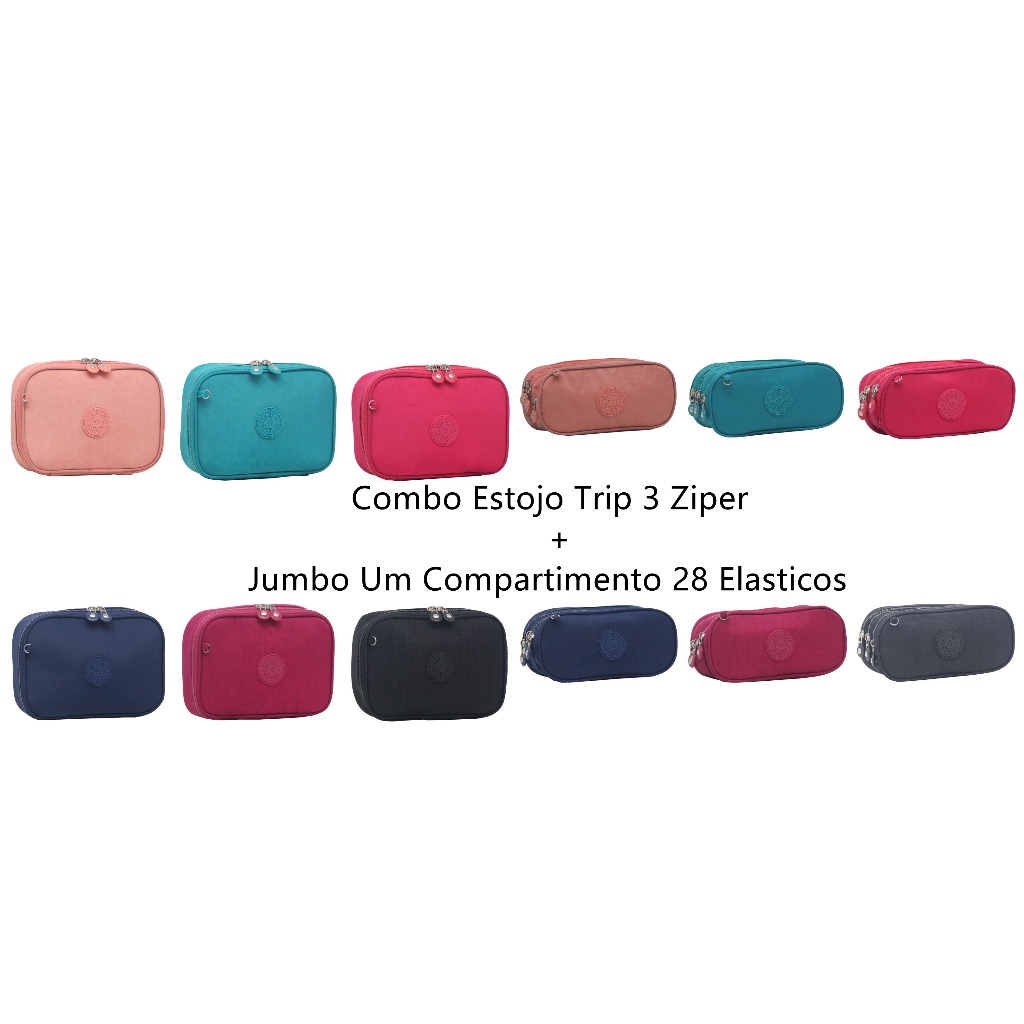 Combo Estojo Trip 3 Ziper + Jumbo Um Compartimento 28 Elasticos Uso Geral No Escola Faculdade Ou Maquiagens