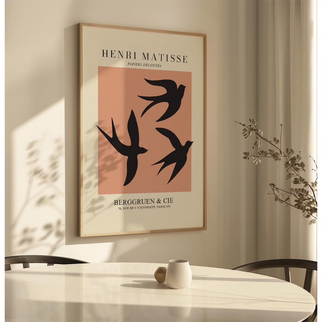 Quadro Abstrato Para Sala Quadro Decorativo Grande Com Moldura E Vidro Matisse Pássaros Fundo Rosa