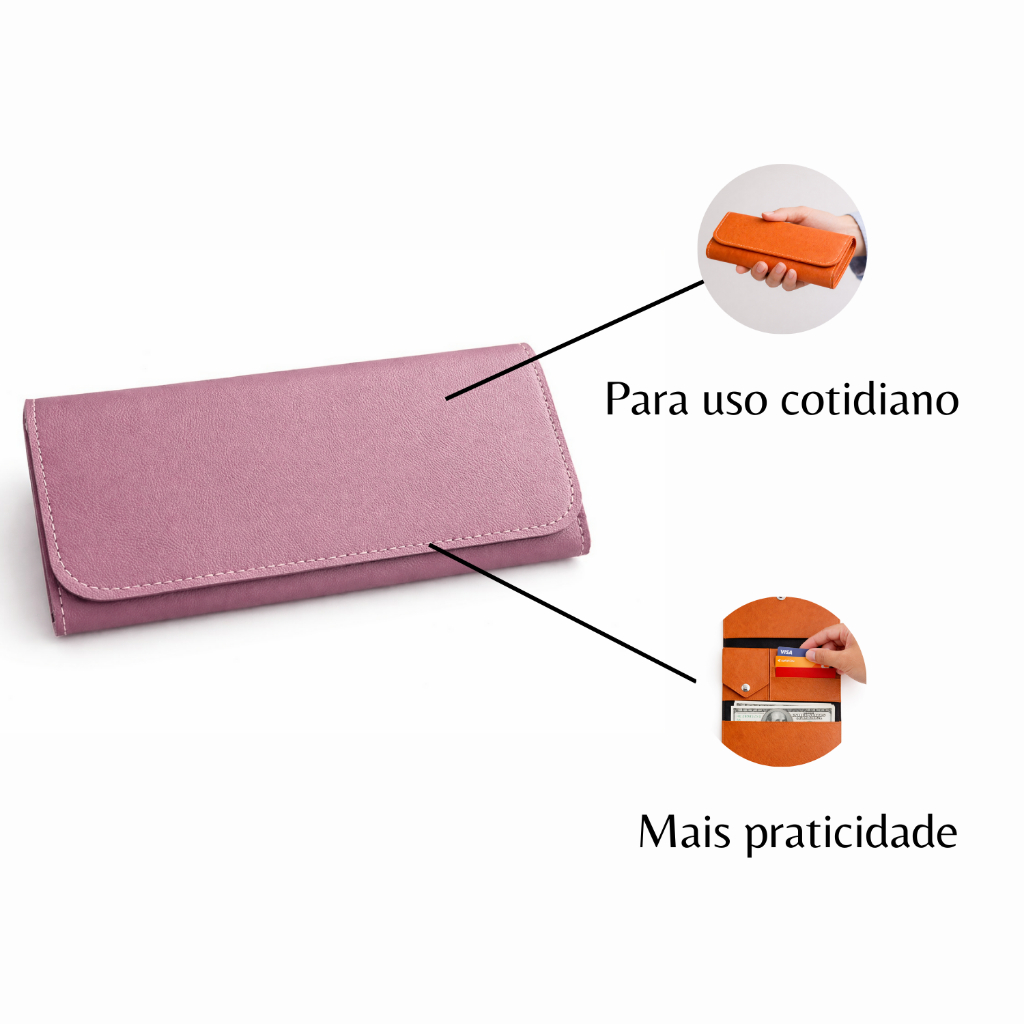 Carteira Feminina de Couro Sintético Rosa Claro Porta Cartão