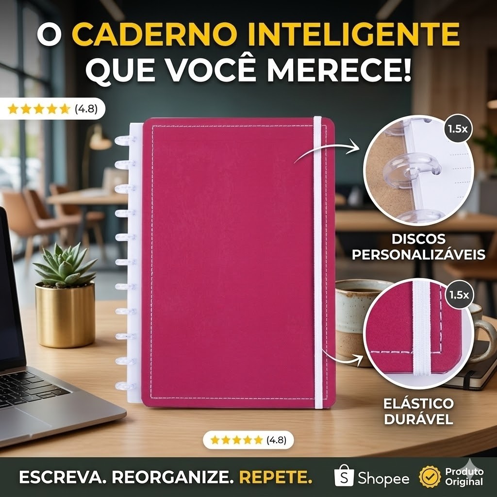 Caderno Grande Capa Dura Disco Reposicionável Rosa Organizador