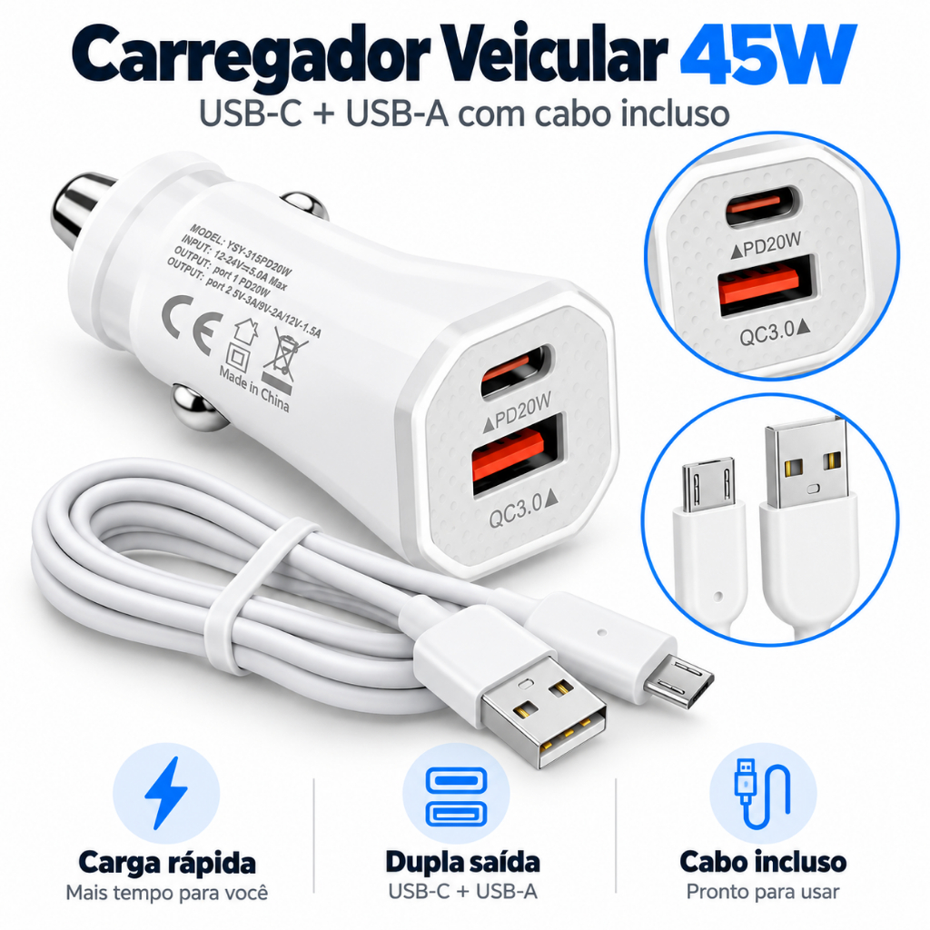 Carregador Carro Duplo USB-C 45W Rápido Veicular Original Inova