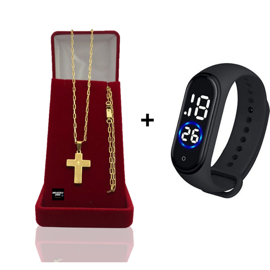 Corrente Masculina Infantil Banhado Ouro 2mm Com Pulseira e Pingente Cruz Pai Nosso