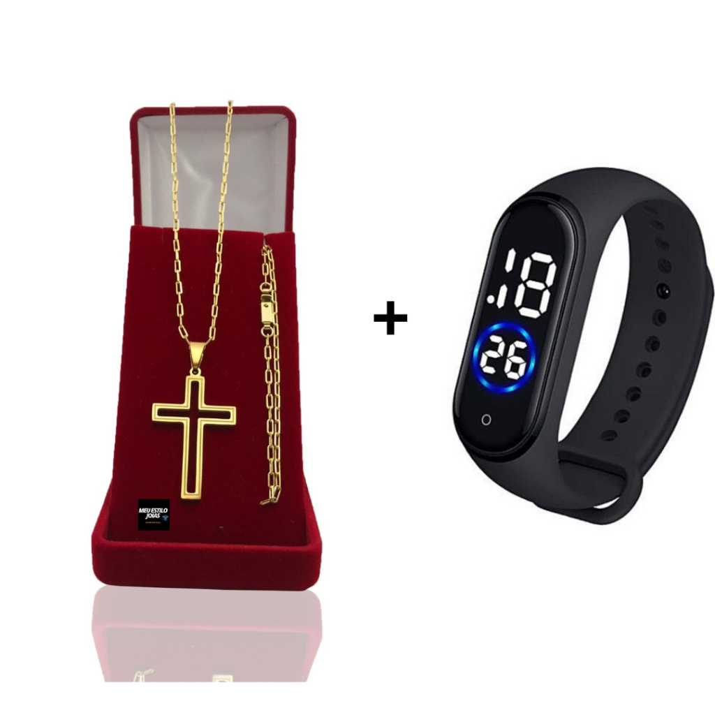 Corrente Masculina Infantil Banhado Ouro 2mm Com Pulseira e Pingente Cruz Vasada