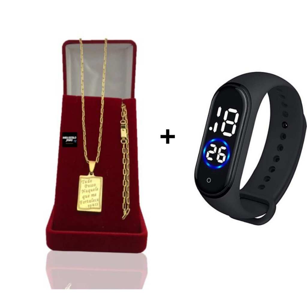 Corrente Masculina  Banhado Ouro 2mm Com Pulseira e Pingente  Oração Tudo Posso + Relógio Digital Prova Dagua