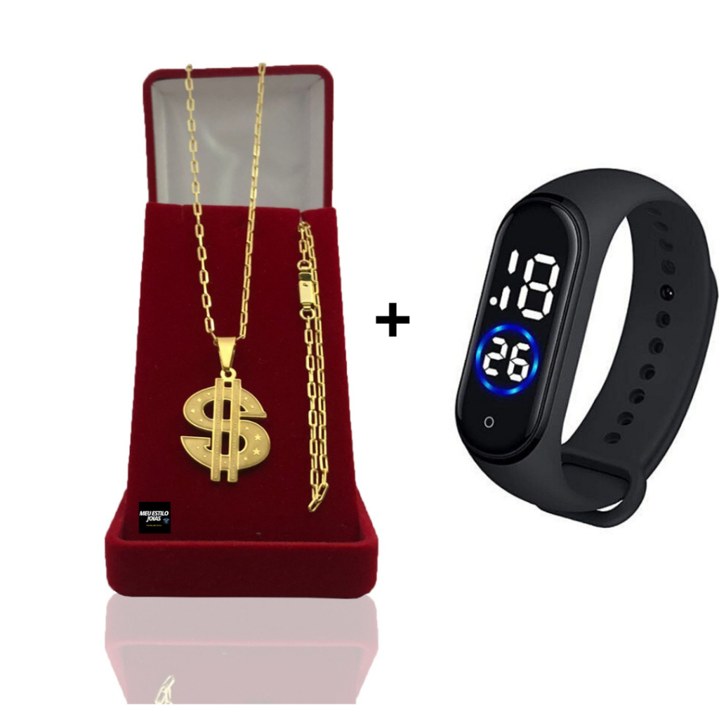 Corrente Masculina Infantil Banhado Ouro 2mm Com Pulseira e Pingente Cifrão +  Relógio Digital Prova Dagua