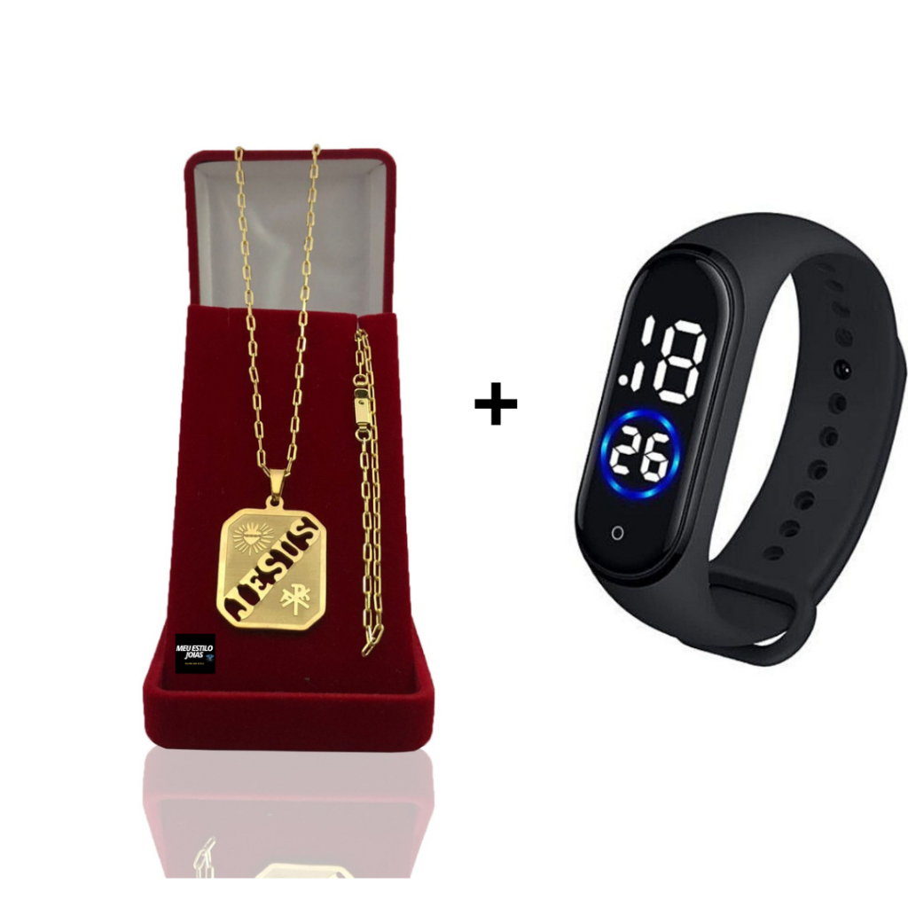 Corrente Masculina Infantil Banhado Ouro 2mm Com Pulseira e Pingente  Escrito Jesus  Infantil