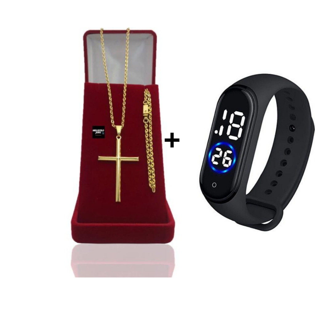 Corrente Masculina Infantil Cadeado Banhado Ouro 2mm  Pulseira e Pingente Cruz Palito +  Relógio Digital Prova Dagua