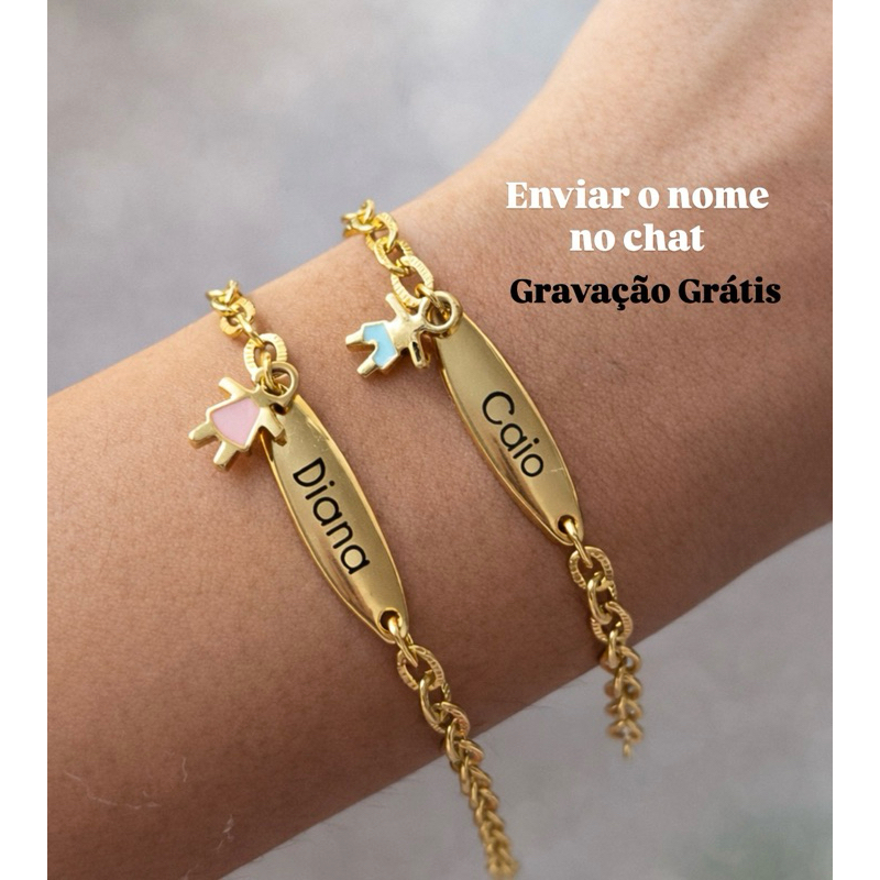 Pulseira com Gravação a Laser do nome com Pingentes resinado de menina e menino Folheado a Ouro
