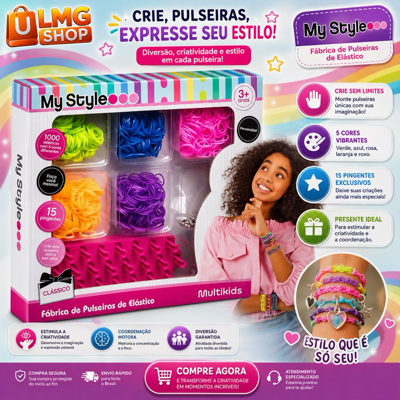 Fábrica de Pulseiras de Elástico My Style Multikids 1000 Elásticos 15 Pingentes Kit Completo Infantil - LMG Shop