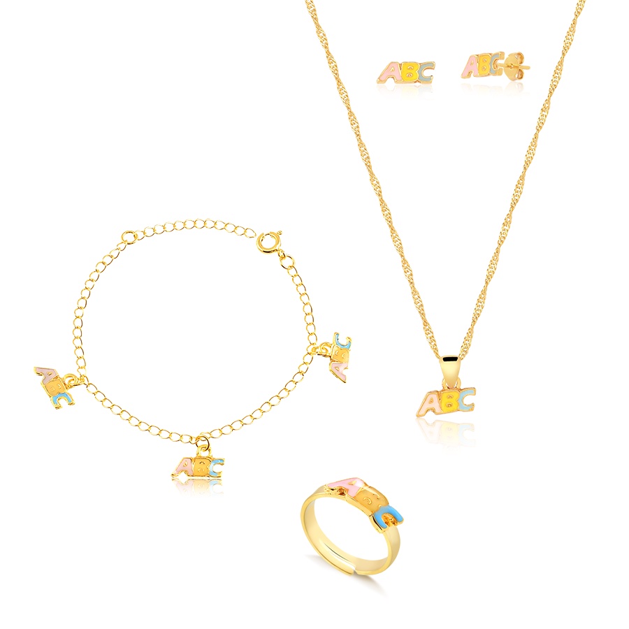 Kit Conjunto Infantil ABC em Resina com Colar, Pingente, Brinco, Pulseira e Anel Regulável Banhado a Ouro 18k