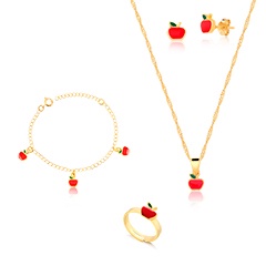 Conjunto Infantil Maçãzinha em Resina Colar + Pingente + Brinco + Pulseira + Anel Regulável Banhado a Ouro 18k