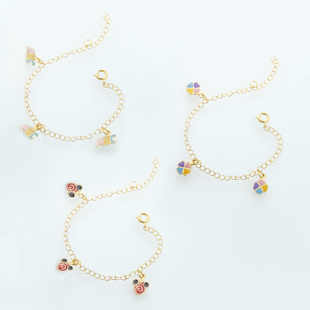 Kit 3 Pulseiras Infantis ABC, Trevo e Minnie Banhado a Ouro 18K Com Pingente em Resina