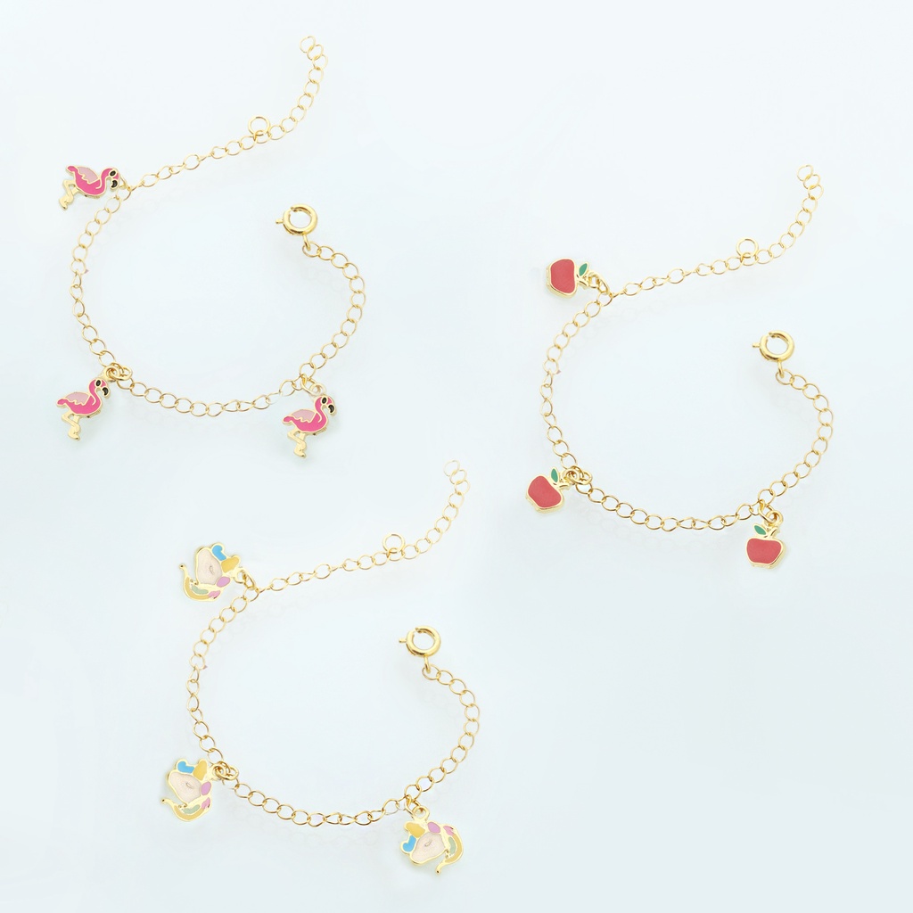 Kit 3 Pulseiras Infantis Maçã, Flamingo e Unicórnio Banhado a Ouro 18K Com Pingente em Resina
