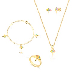 Kit Conjunto Infantil Guarda Sol com Colar, Pingente, Brinco, Pulseira e Anel Regulável Banhado a Ouro 18k