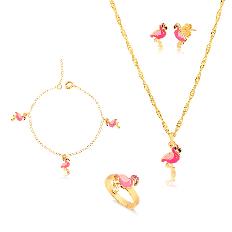Kit Conjunto Infantil Flamingo em Resina com Colar, Pingente, Brinco, Pulseira e Anel Regulável Banhado a Ouro 18k