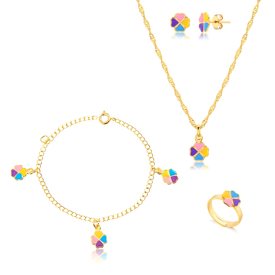 Kit Conjunto Infantil Trevo em Resina com Colar, Pingente, Brinco, Pulseira e Anel Regulável Banhado a Ouro 18k