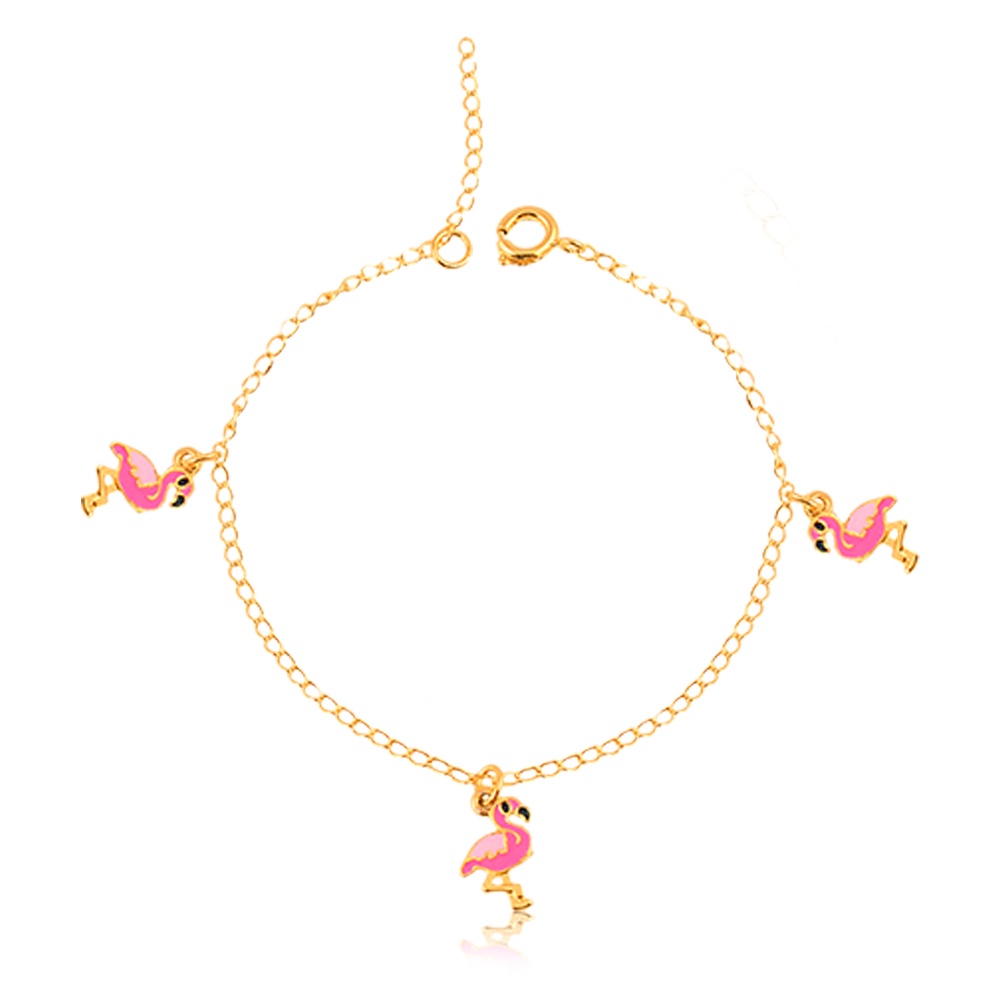 Pulseira Infantil Banhada a Ouro 18K Com Pingente Flamingo em Resina