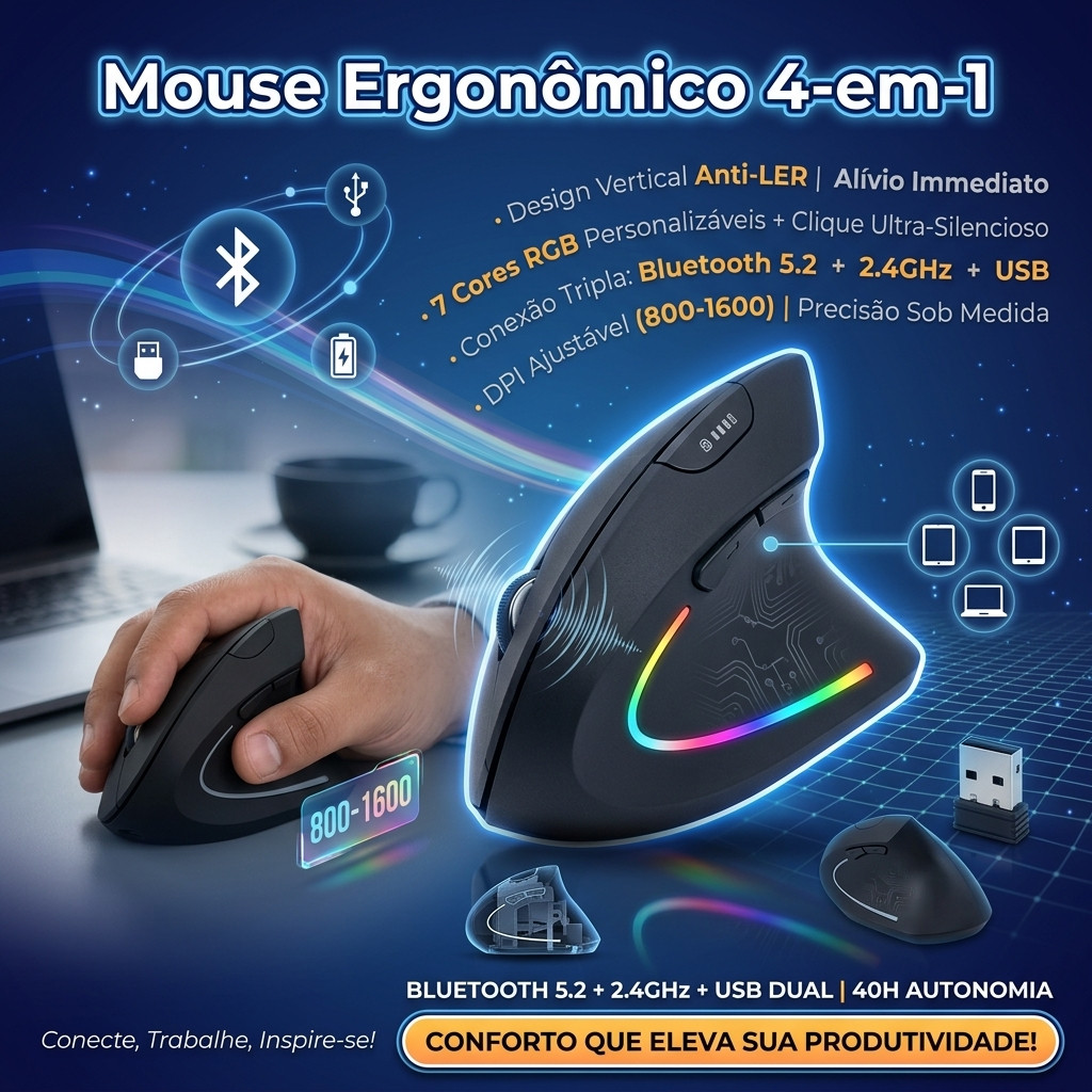 Mouse Sem Fio Vertical Ergonômico Triplo Modo (BT + USB): Sensor Óptico 1600 DPI, LED 7 Cores e Cliques Silenciosos