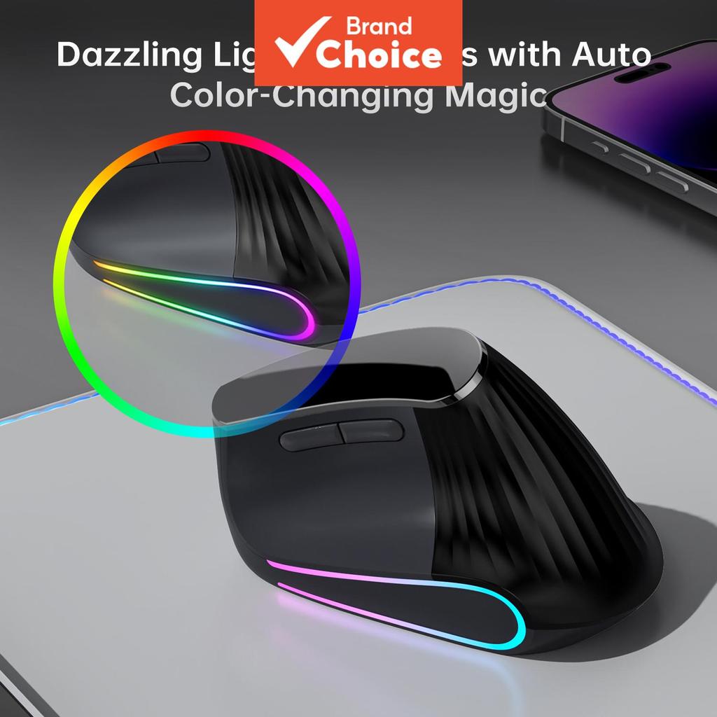 Rato Vertical Ergonômico JOMAA com Rolo de Velocidade, Iluminação RGB, Sem Fio 2.4G+Bluetooth, Silencioso, 4800DPI, para