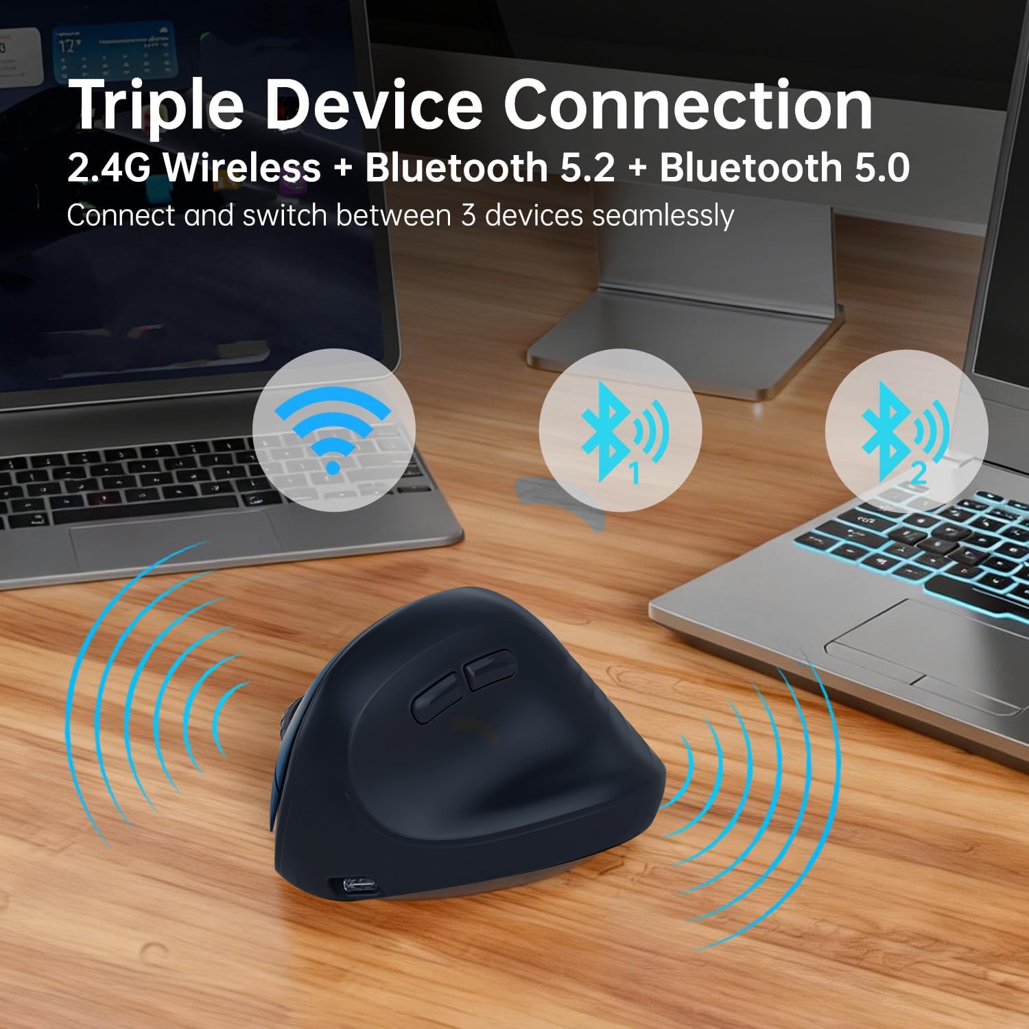 Rato Bluetooth JOMAA + 2.4G leve, recarregável sem fio, ergonômico, clique silencioso, vertical, 8000 dpi ajustável,
