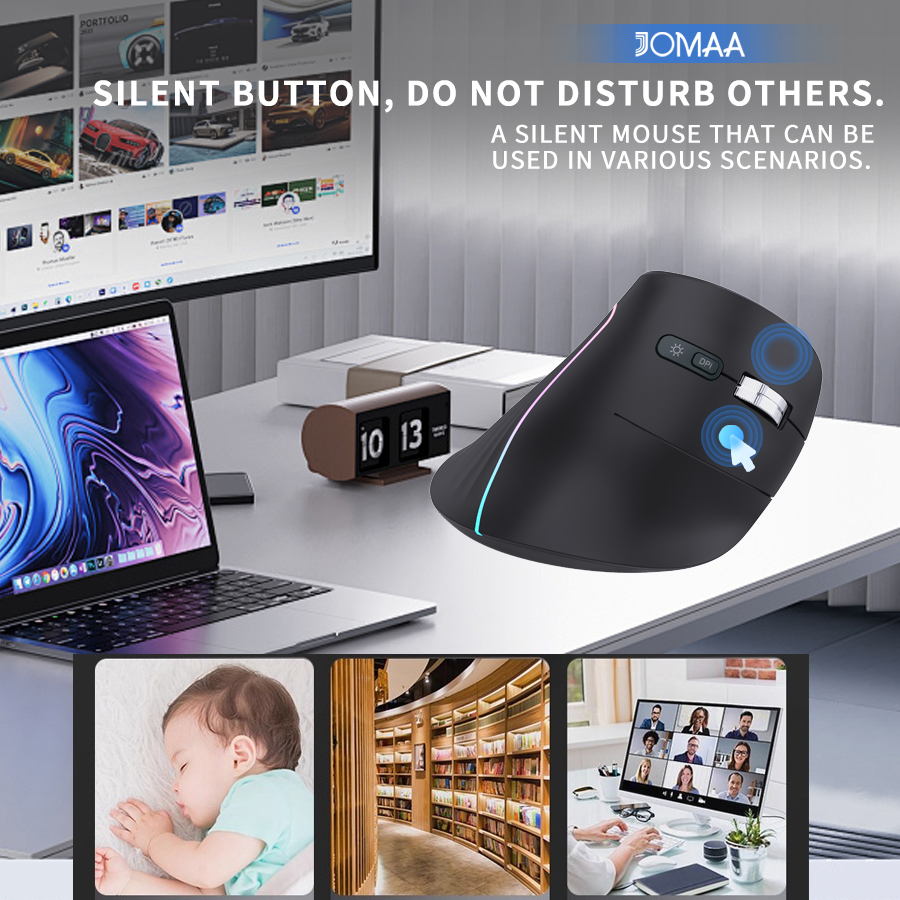 Rato Vertical Ergonômico JOMAA com Luz RGB, Sem Fio 2.4G+Bluetooth 5.0, Dupla Conexão, 4000DPI, Silencioso, Compatível
