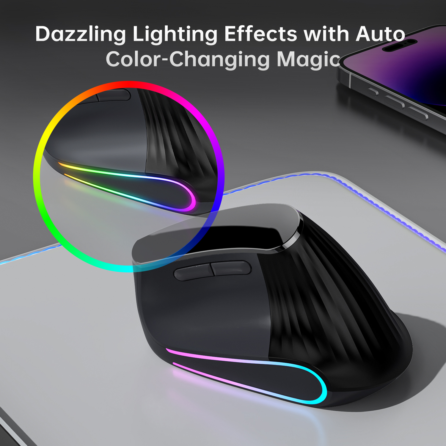Rato vertical ergonômico sem fio JOMAA RGB, com luz de fundo, conexão 2.4G+Bluetooth, bateria, silencioso, 4800 DPI,