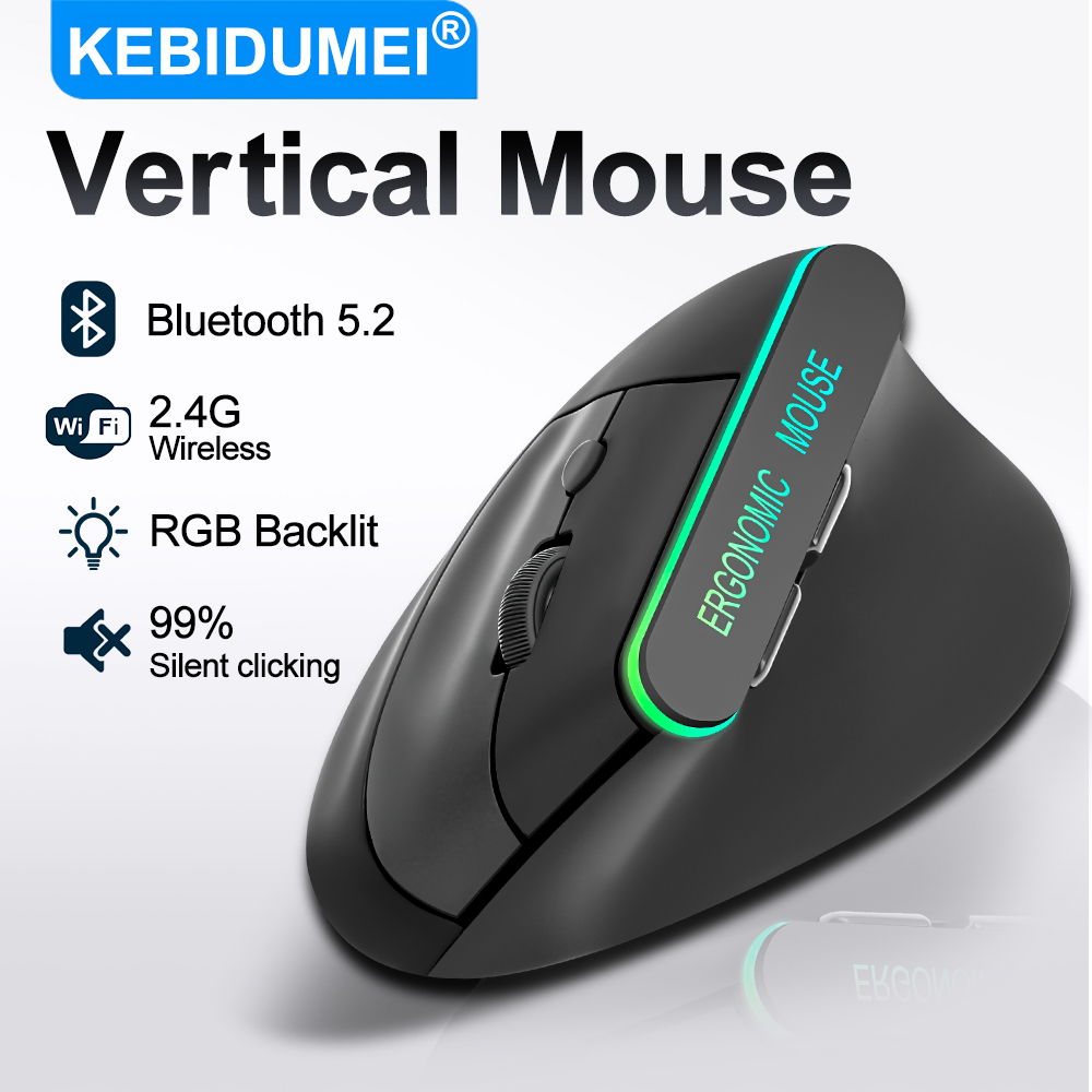 Mouse Vertical de Modo Duplo, Mouse Sem Fio RGB Recarregável, Mouse Bluetooth Silencioso, Ergonômico de