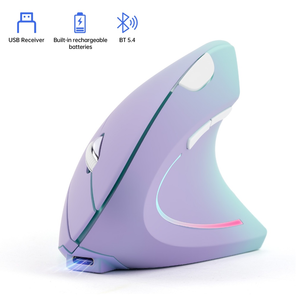 Mouse Ergonômico Vertical RGB 2.4G Bluetooth Modo Duplo Silencioso Sem Fio Recarregável Roxo Para Laptop PC Escritório