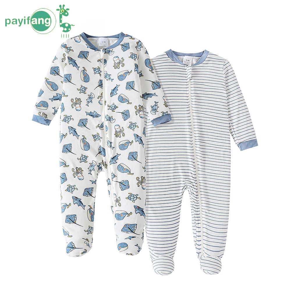 Kit 2 Macacão Bebê Longo com Pé 100% Fibra de Bambu Animais Marinhos Listrado Azul Roupa de Dormir TM-2023