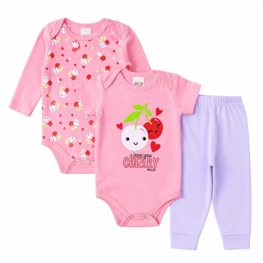 Kit com 3 Peças Body Bebê – Manga Curta + Manga Longa + Calça Lisa – Menina  – 100% Algodão – Do P ao GG