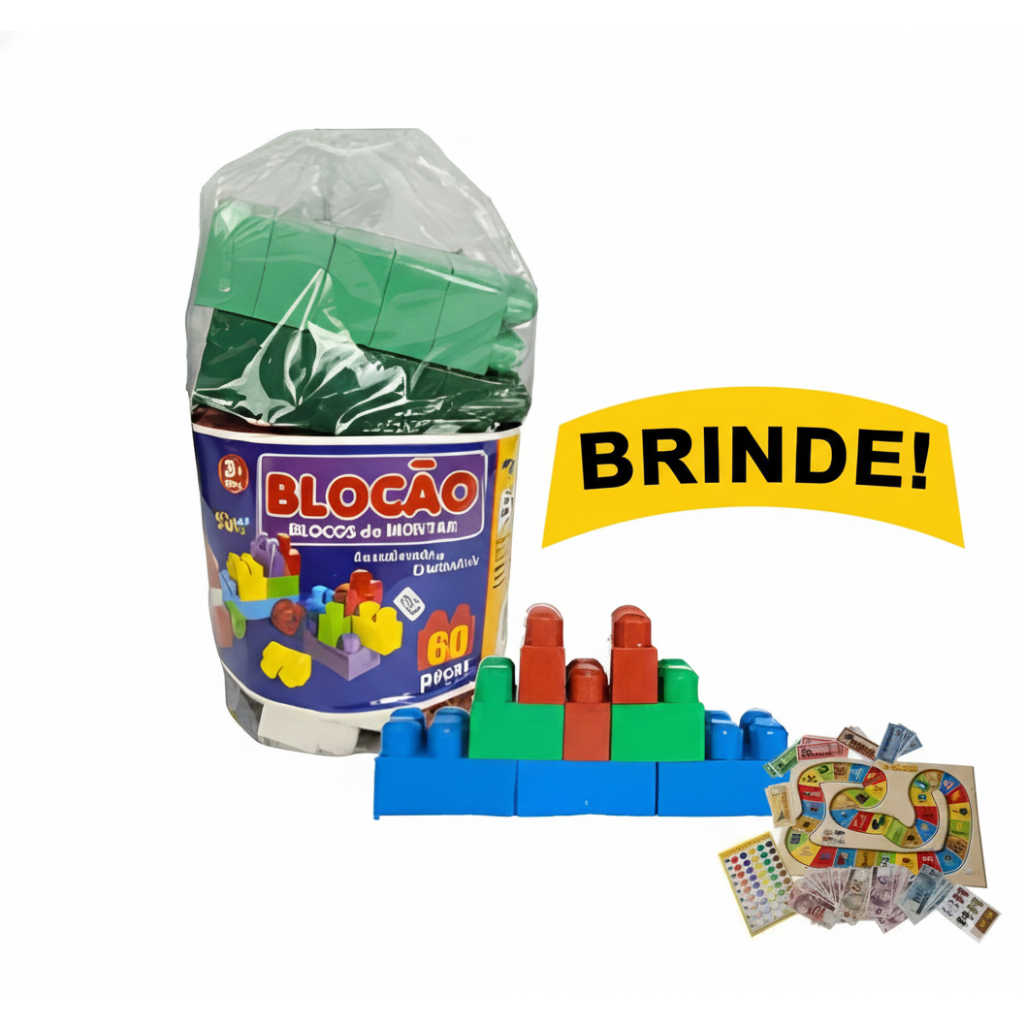 Blocão De Montar Infantil 60 Peças Grandes Educativo Colorido Criativo Estimula Coordenação + Tabuleiro Jogo Brinde