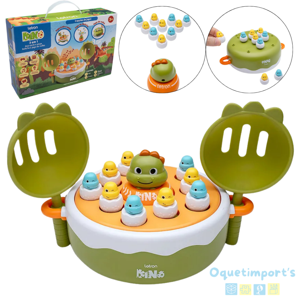 Jogo Infantil Dino 3 Em 1 Letron Boliche Jogo Da Velha E Pula E Pega Brinquedo Estimula Coordenação