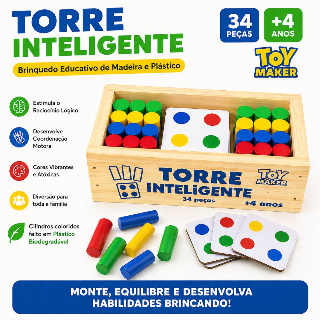 Jogo Torre Inteligente 34 Peças De Madeira Infantil Educativo Estimula Raciocínio e Coordenação